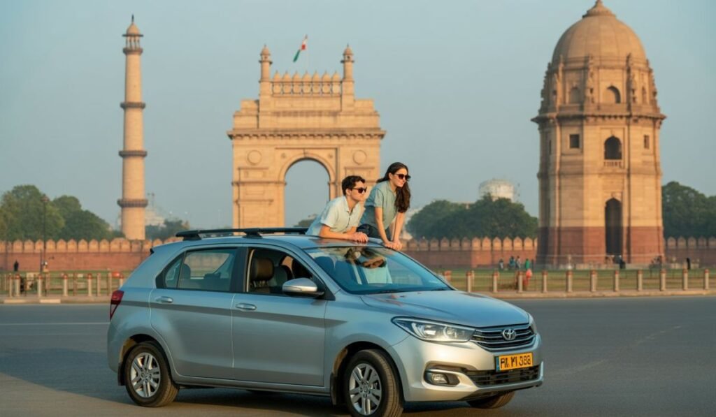 Tourists exploring Delhi sightseeing by car