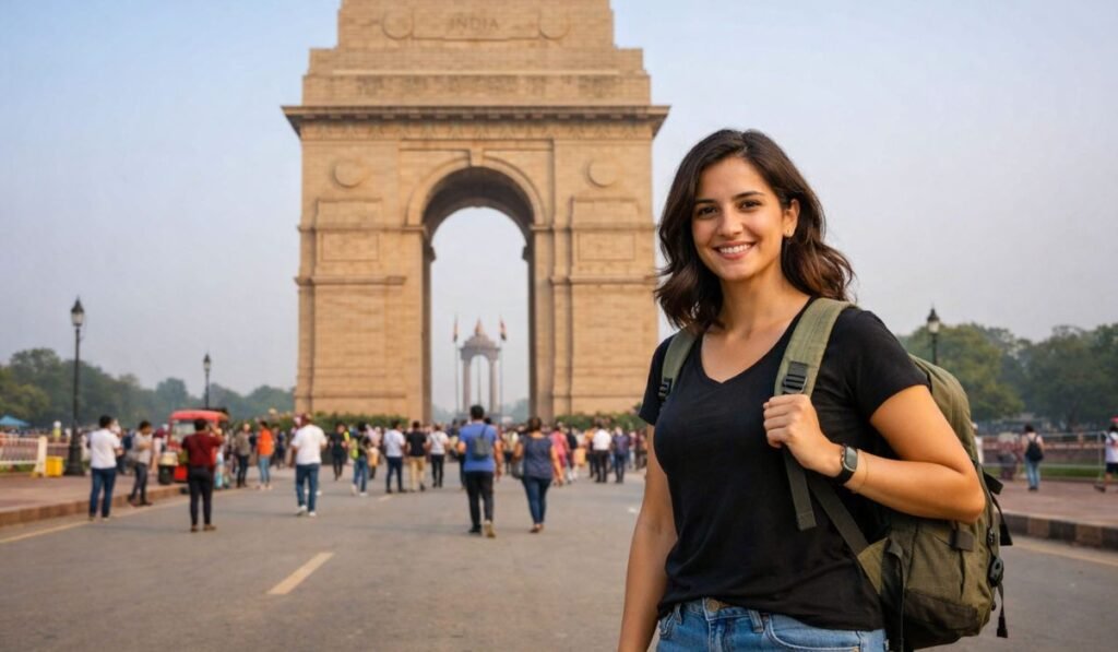 woman exploring Delhi solo trip near India Gate safely