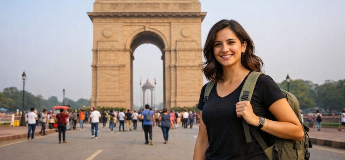 woman exploring Delhi solo trip near India Gate safely