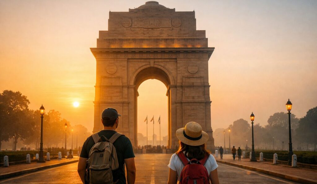 delhi sightseeing india gate sunrise with tourists travel guide