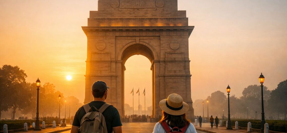 delhi sightseeing india gate sunrise with tourists travel guide