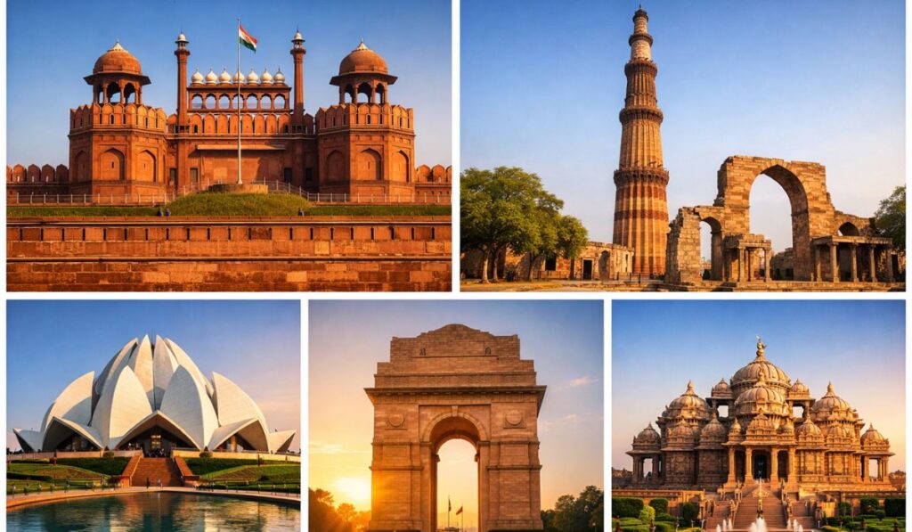 top places to visit in delhi including red fort qutub minar lotus temple india gate akshardham