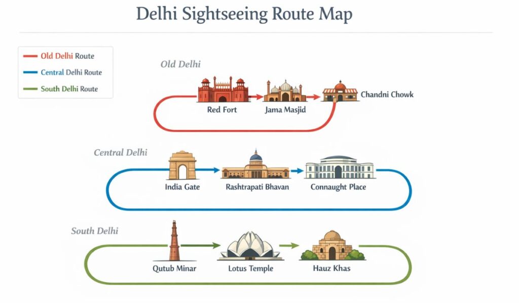 delhi sightseeing route map showing old delhi central delhi and south delhi travel routes